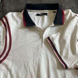Fashion Nova White Polo Shirt with Red and Black Accents